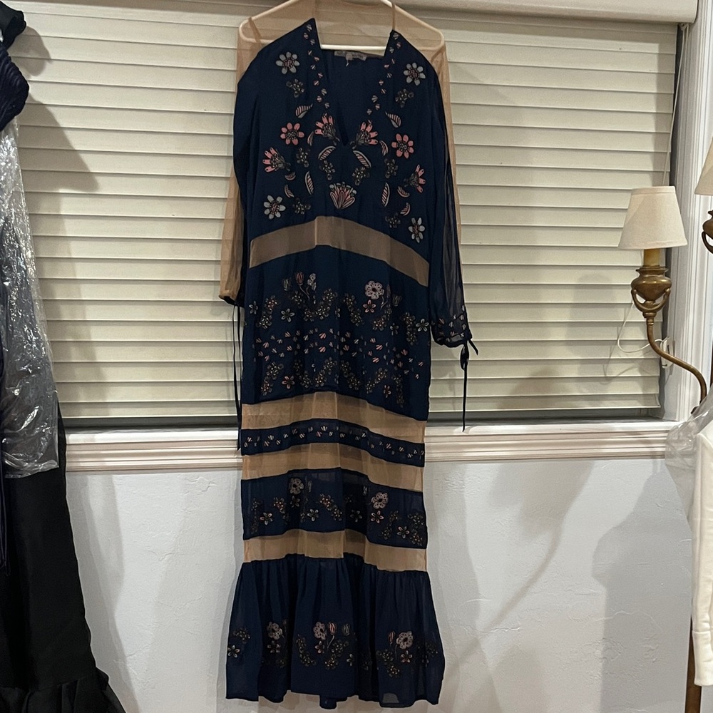 For Love and Lemons Embroidered Floral Navy and sheer Beige Dress